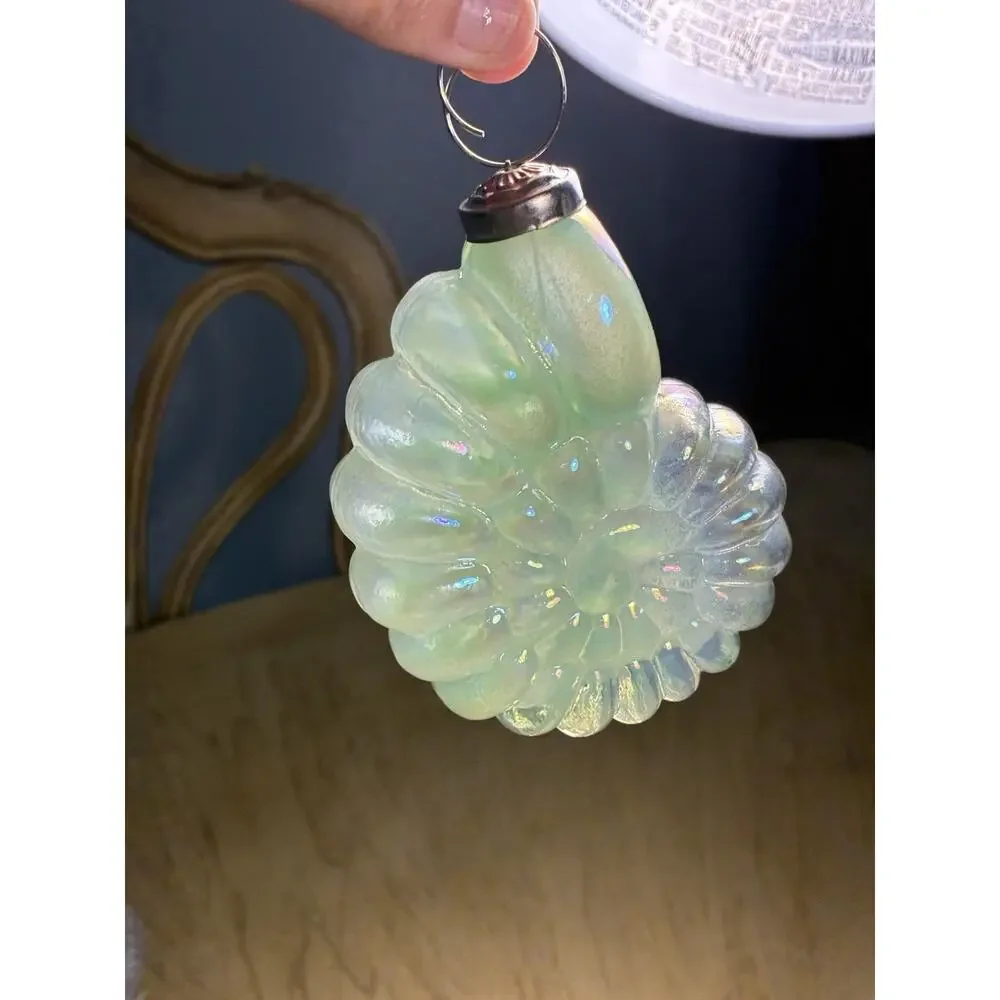 Sea Shell Glass Xmas Ornament Sea Green Iridescent Ribbed nautical kugel style